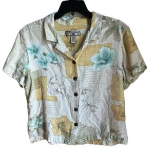Caribbean Joe Tropical Beige Green Button Front Short Sleeve Blouse Top Large